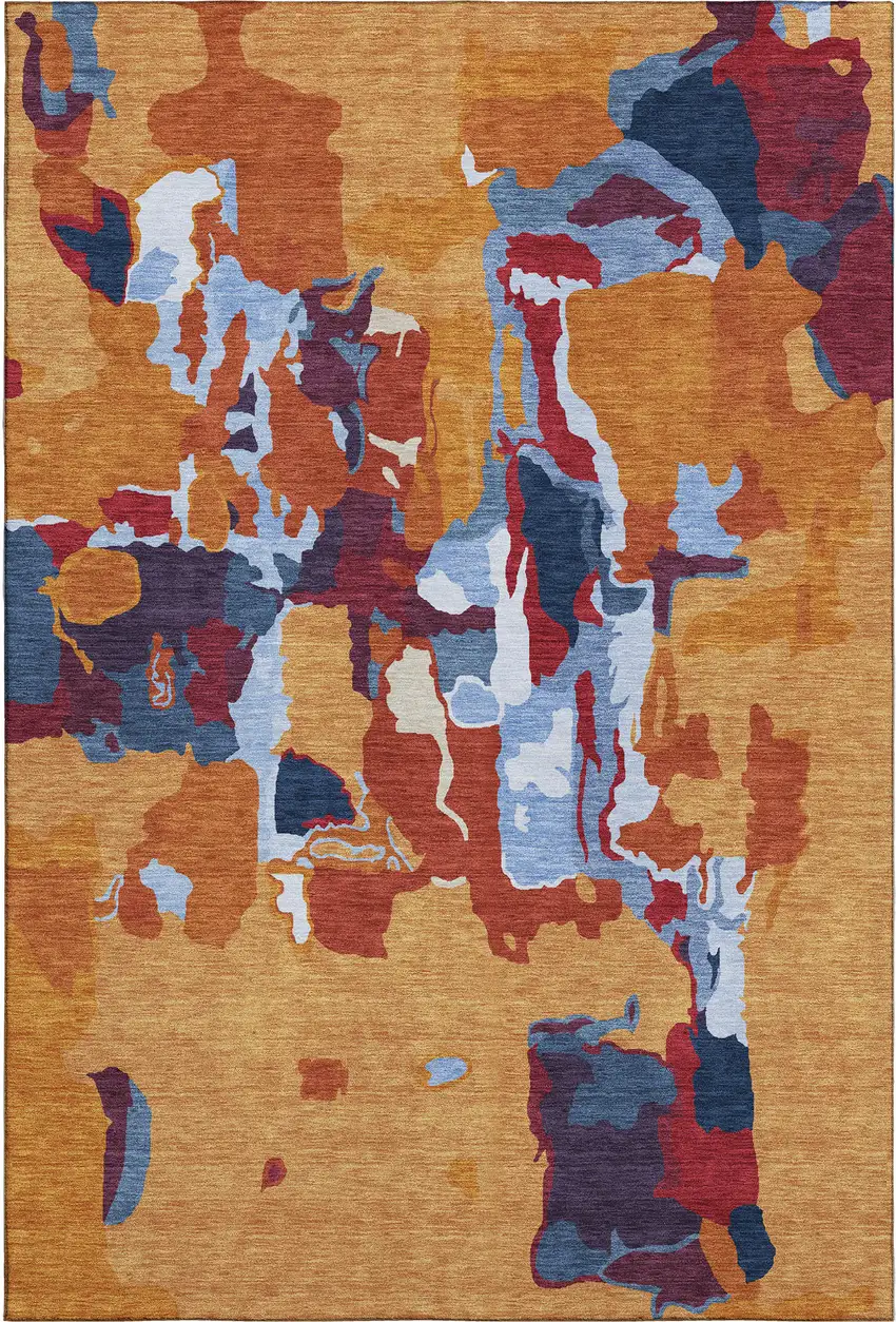 Copper Blue And Orange Abstract Washable Area Rug With UV Protection Photo 5