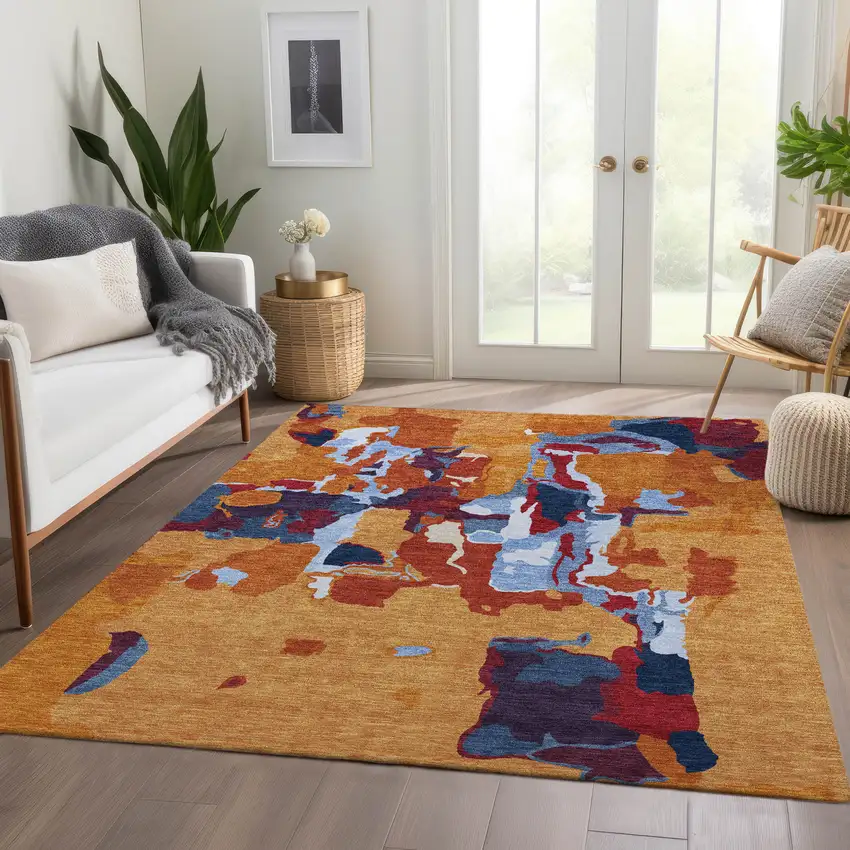Copper Blue And Orange Abstract Washable Area Rug With UV Protection Photo 3