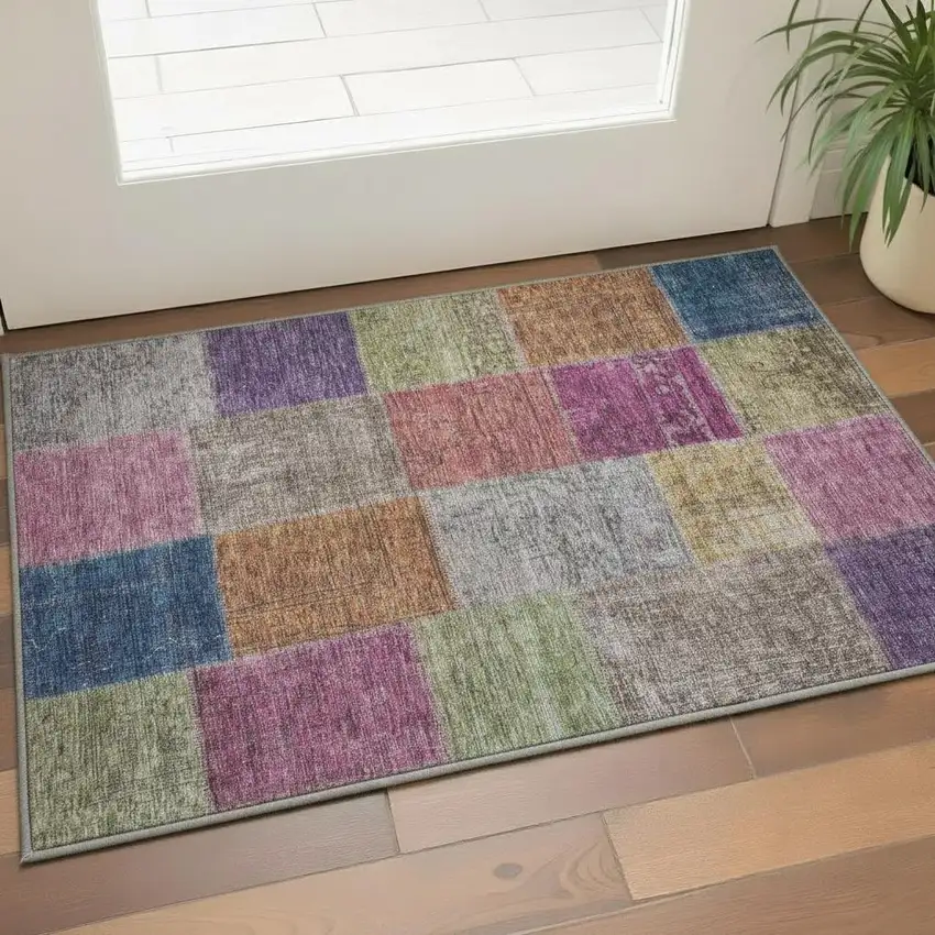 Copper Blue And Purple Patchwork Washable Area Rug With UV Protection Photo 2