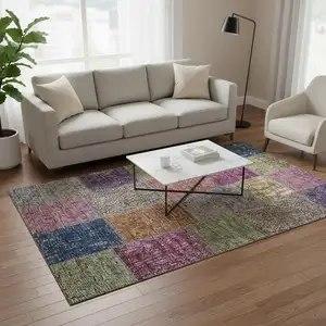 Photo of Copper Blue And Purple Patchwork Washable Area Rug With UV Protection