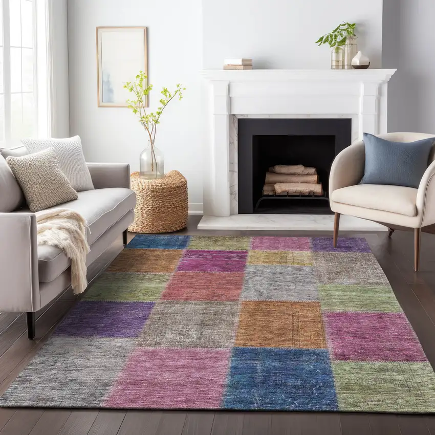 Copper Blue And Purple Patchwork Washable Area Rug With UV Protection Photo 5