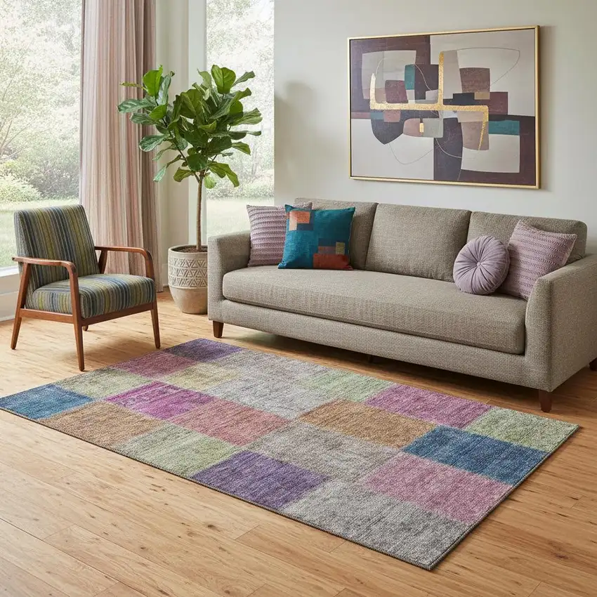 Copper Blue And Purple Patchwork Washable Area Rug With UV Protection Photo 1