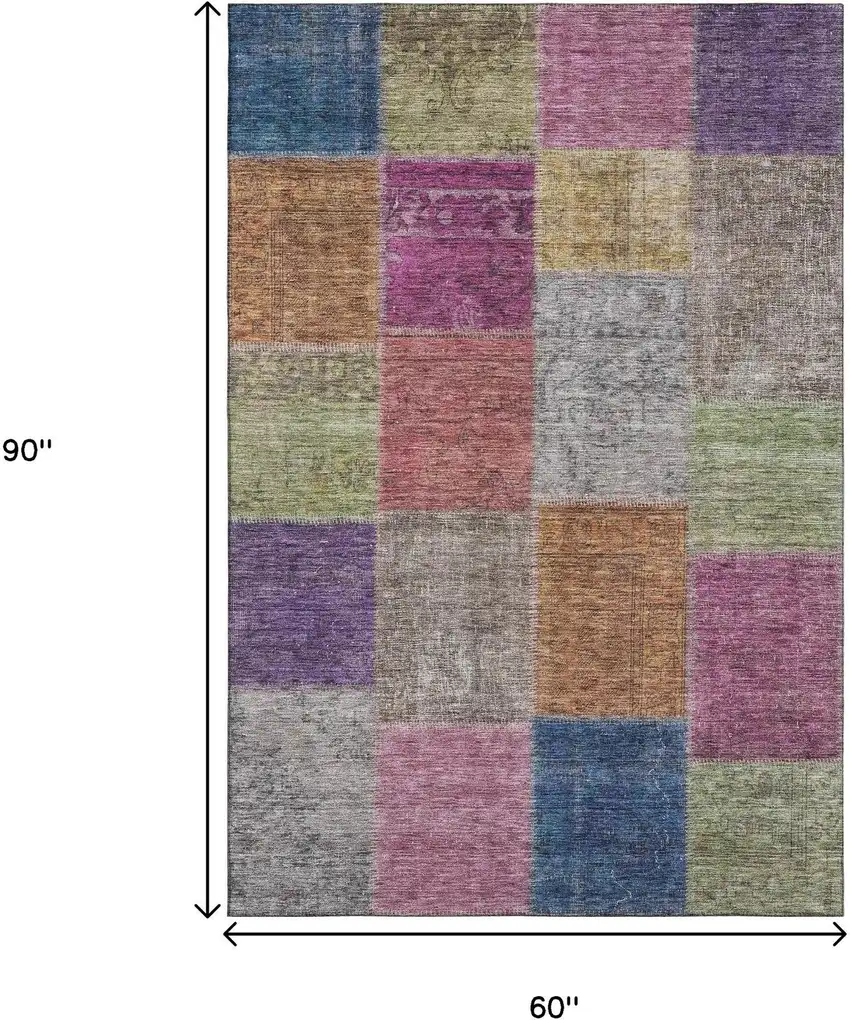 Copper Blue And Purple Patchwork Washable Area Rug With UV Protection Photo 3