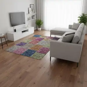 Photo of Copper Blue And Purple Patchwork Washable Area Rug With UV Protection