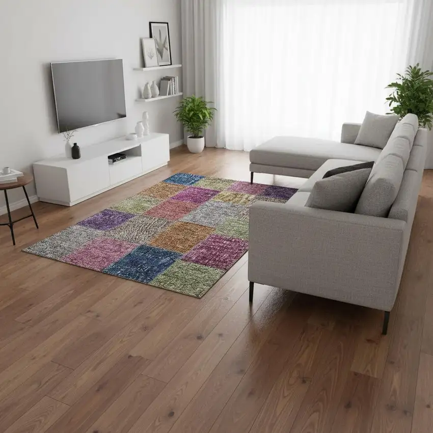 Copper Blue And Purple Patchwork Washable Area Rug With UV Protection Photo 1