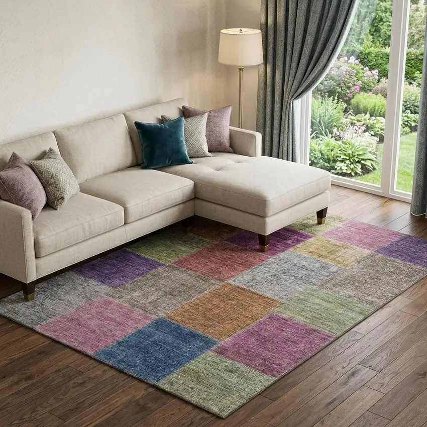 Copper Blue And Purple Patchwork Washable Area Rug With UV Protection Photo 1
