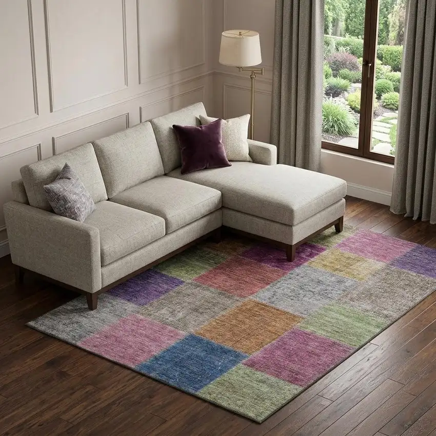 Copper Blue And Purple Patchwork Washable Area Rug With UV Protection Photo 1