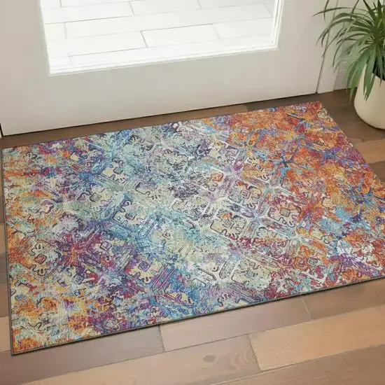 Copper Blue And Red Diamond Washable Area Rug With UV Protection Photo 1