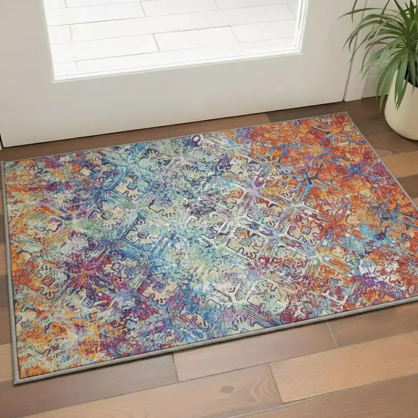 Copper Blue And Red Diamond Washable Area Rug With UV Protection Photo 2