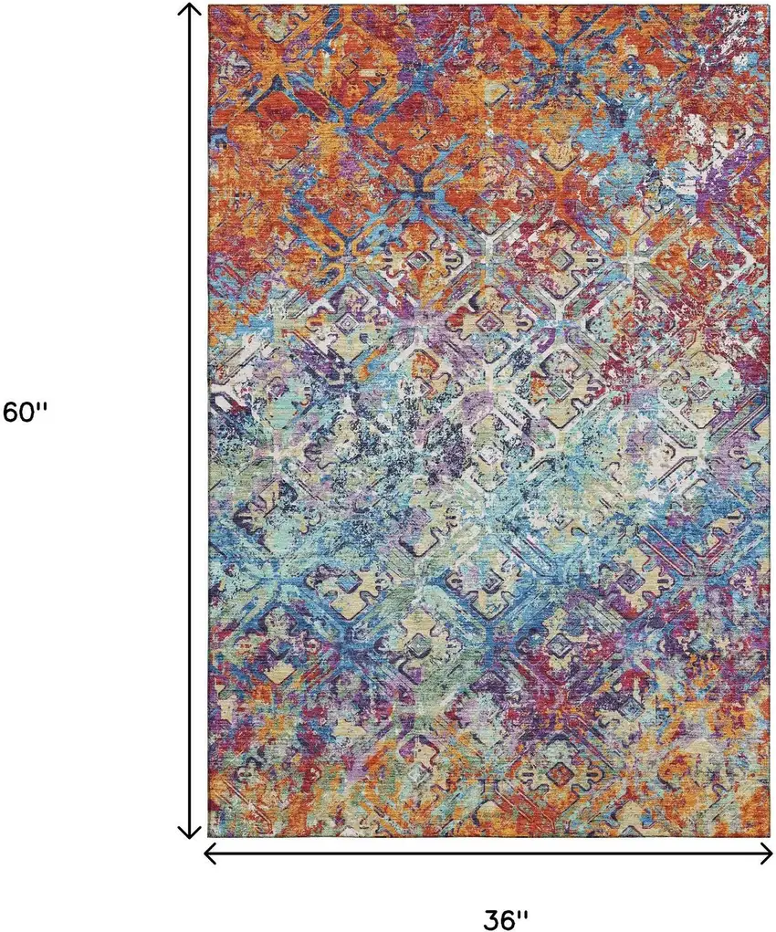 Copper Blue And Red Diamond Washable Area Rug With UV Protection Photo 3