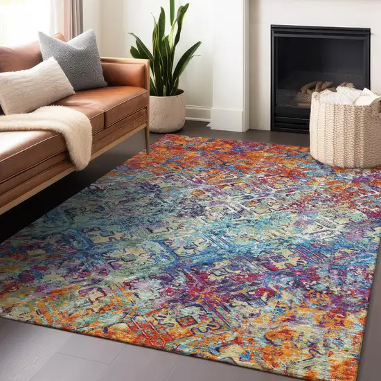 Copper Blue And Red Diamond Washable Area Rug With UV Protection Photo 6