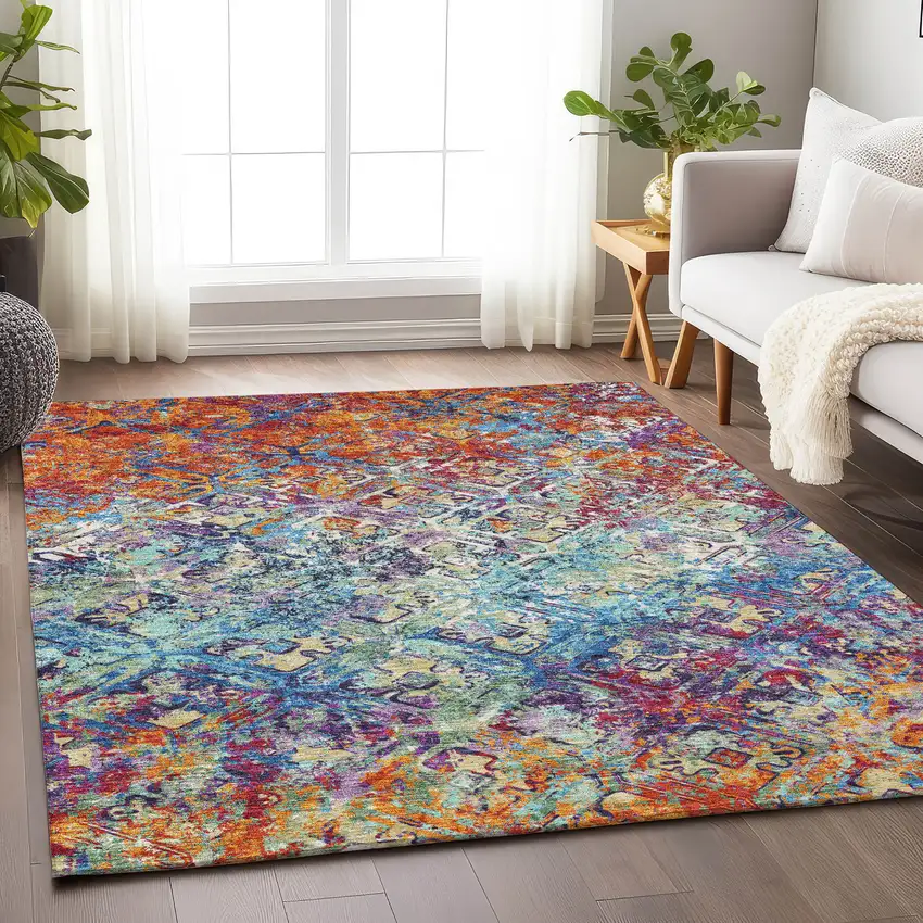 Copper Blue And Red Diamond Washable Area Rug With UV Protection Photo 5
