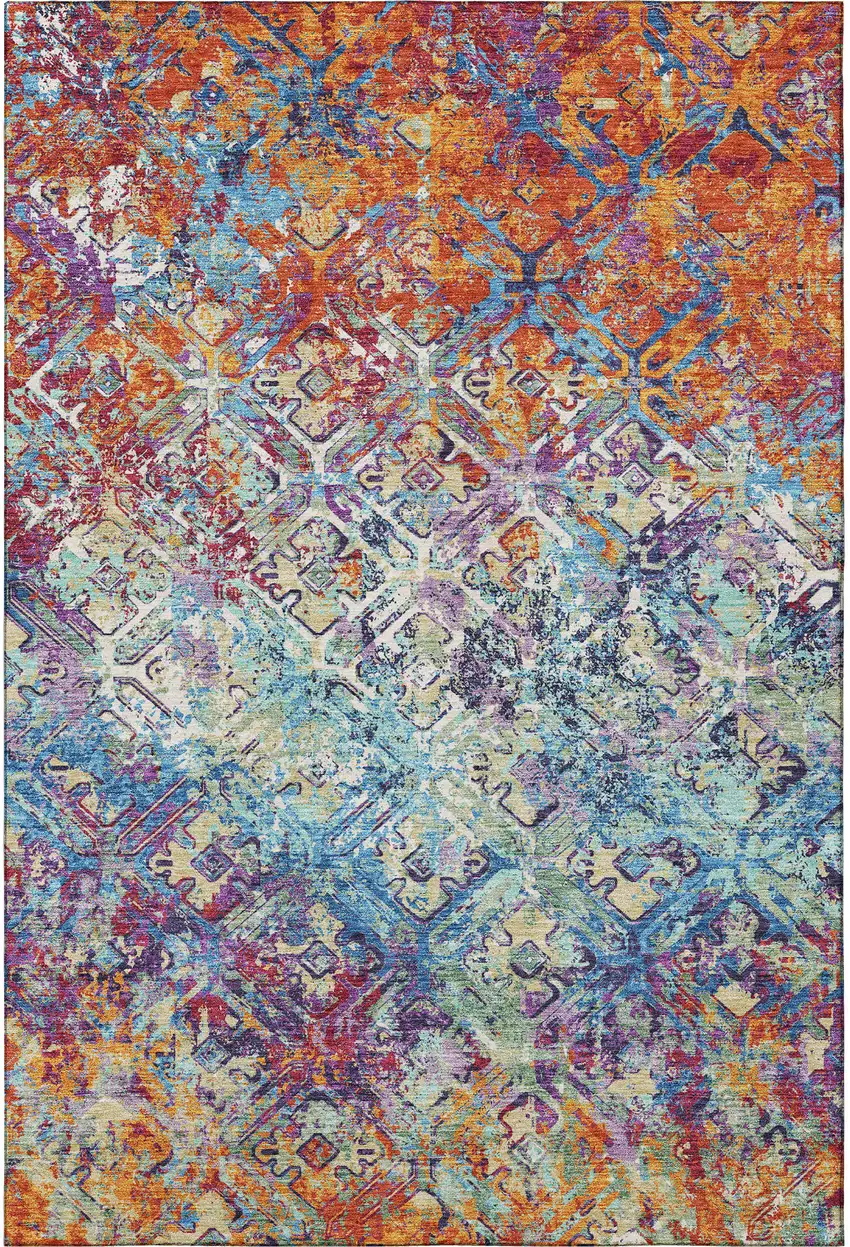 Copper Blue And Red Diamond Washable Area Rug With UV Protection Photo 4