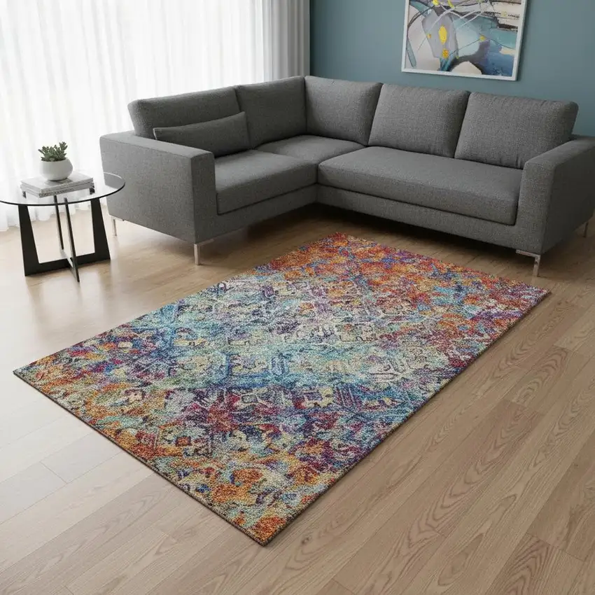 Copper Blue And Red Diamond Washable Area Rug With UV Protection Photo 2