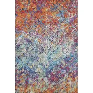 Photo of Copper Blue And Red Diamond Washable Area Rug With UV Protection