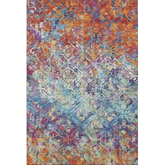Copper Blue And Red Diamond Washable Area Rug With UV Protection Photo 4