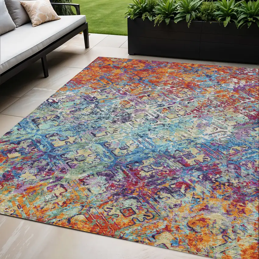 Copper Blue And Red Geometric Washable Indoor Outdoor Area Rug Photo 1