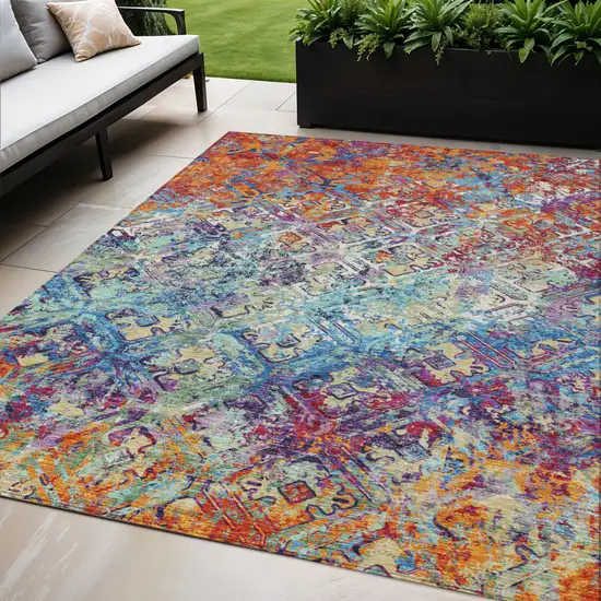 Copper Blue And Red Geometric Washable Indoor Outdoor Area Rug Photo 1