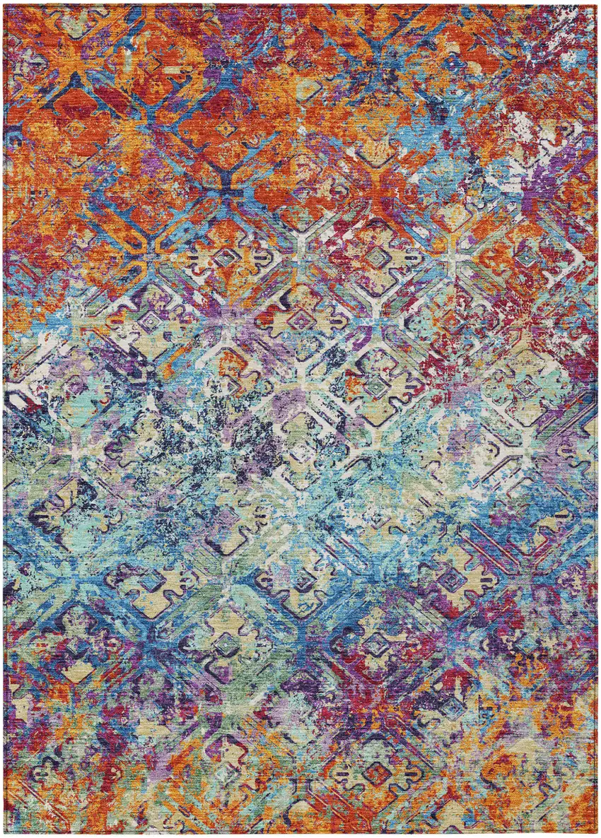 Copper Blue And Red Geometric Washable Indoor Outdoor Area Rug Photo 2