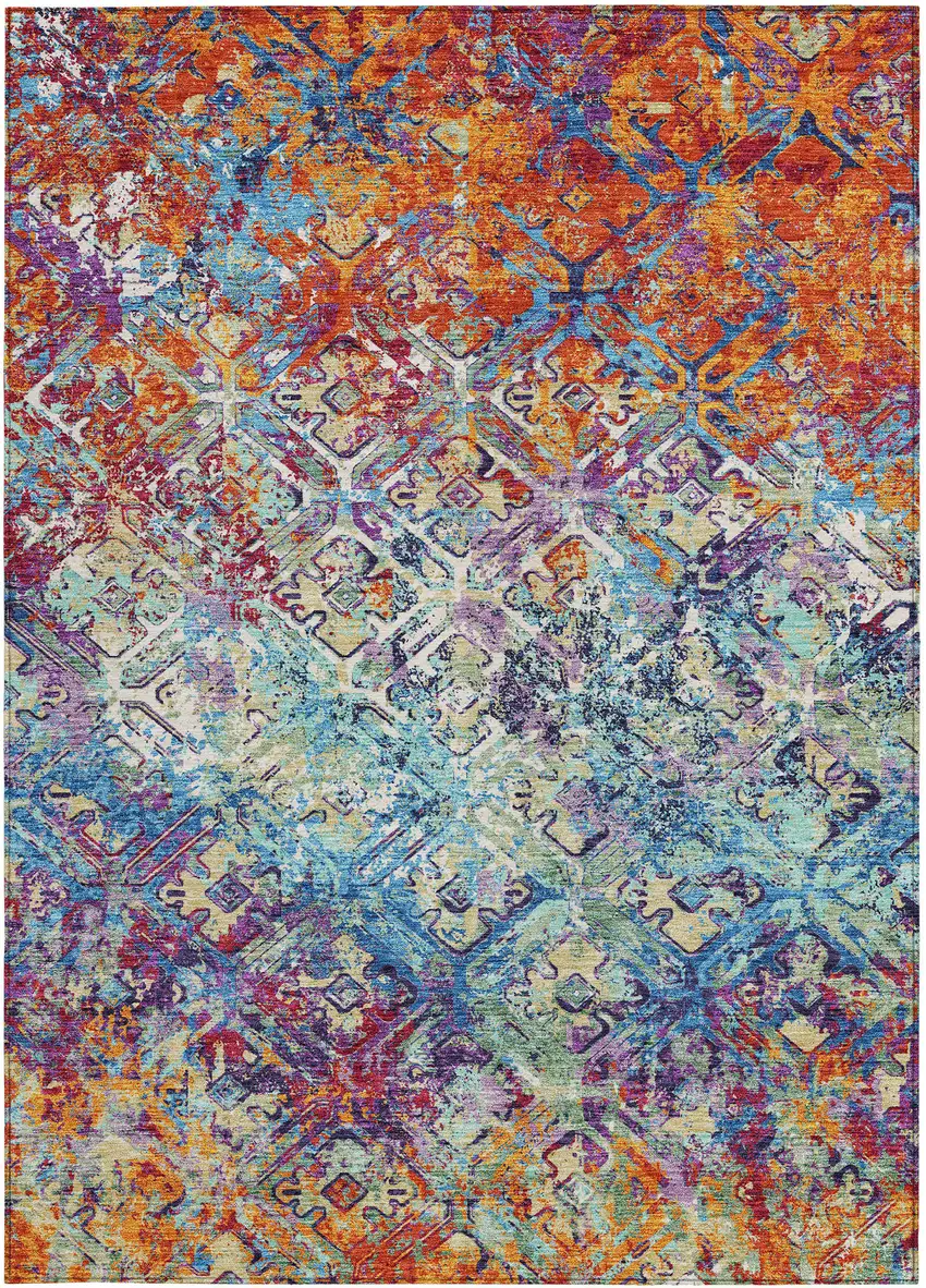 Copper Blue And Red Geometric Washable Indoor Outdoor Area Rug Photo 7