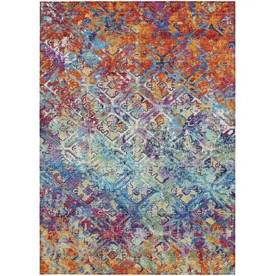 Copper Blue And Red Geometric Washable Indoor Outdoor Area Rug Photo 7