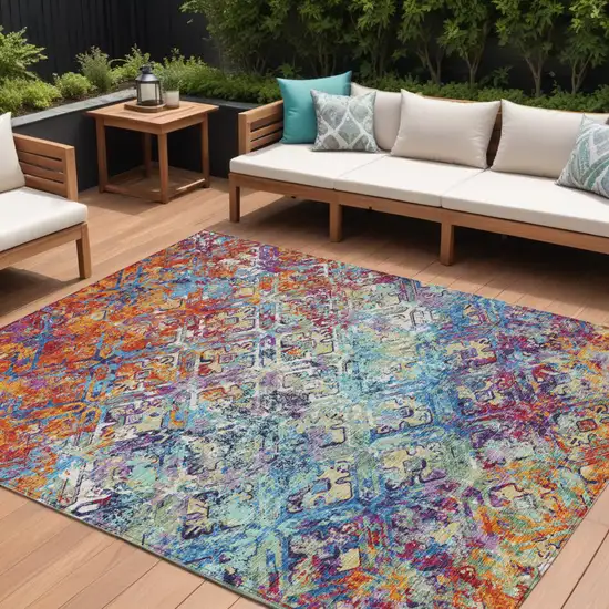 Copper Blue And Red Geometric Washable Indoor Outdoor Area Rug Photo 1