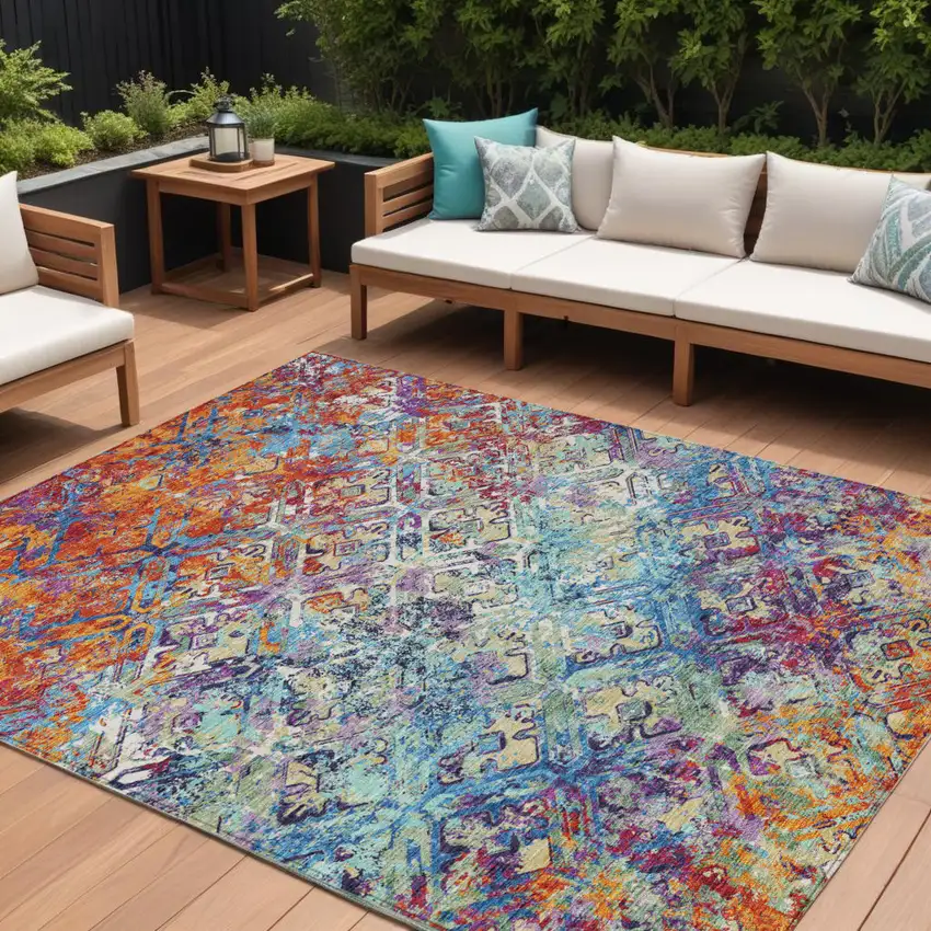 Copper Blue And Red Geometric Washable Indoor Outdoor Area Rug Photo 1