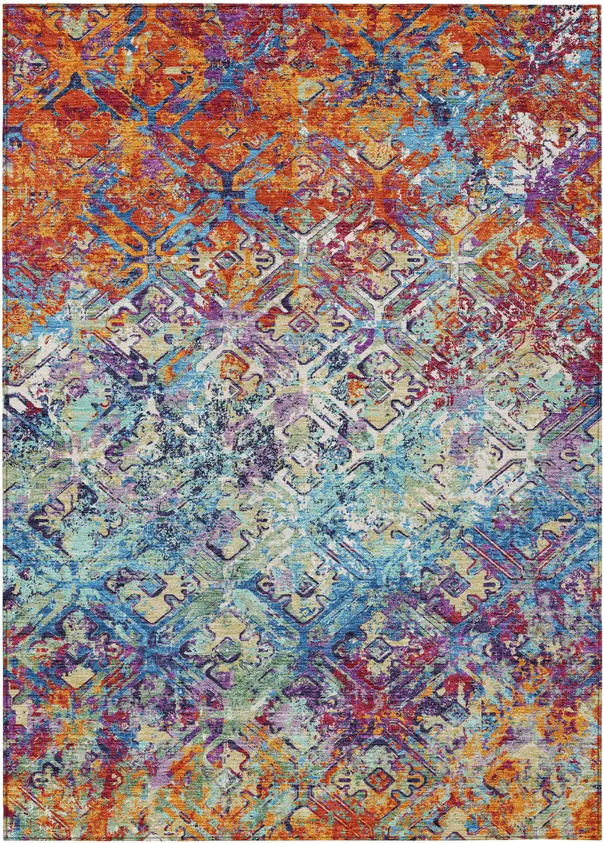 Copper Blue And Red Geometric Washable Indoor Outdoor Area Rug Photo 1
