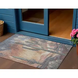 Photo of Copper Blue And Wheat Botanical Leaves Washable Indoor Outdoor Area Rug