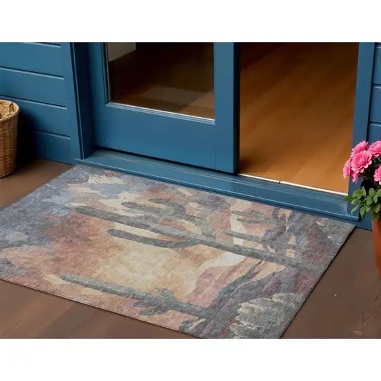 Copper Blue And Wheat Botanical Leaves Washable Indoor Outdoor Area Rug Photo 1