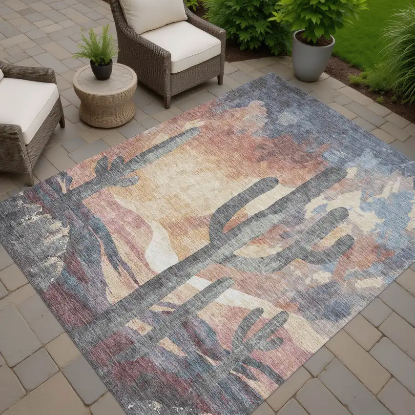 Copper Blue And Wheat Botanical Leaves Washable Indoor Outdoor Area Rug Photo 6