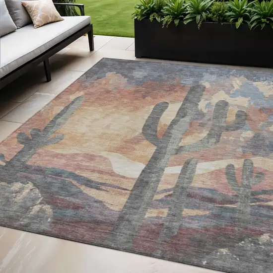 Copper Blue And Wheat Botanical Leaves Washable Indoor Outdoor Area Rug Photo 1