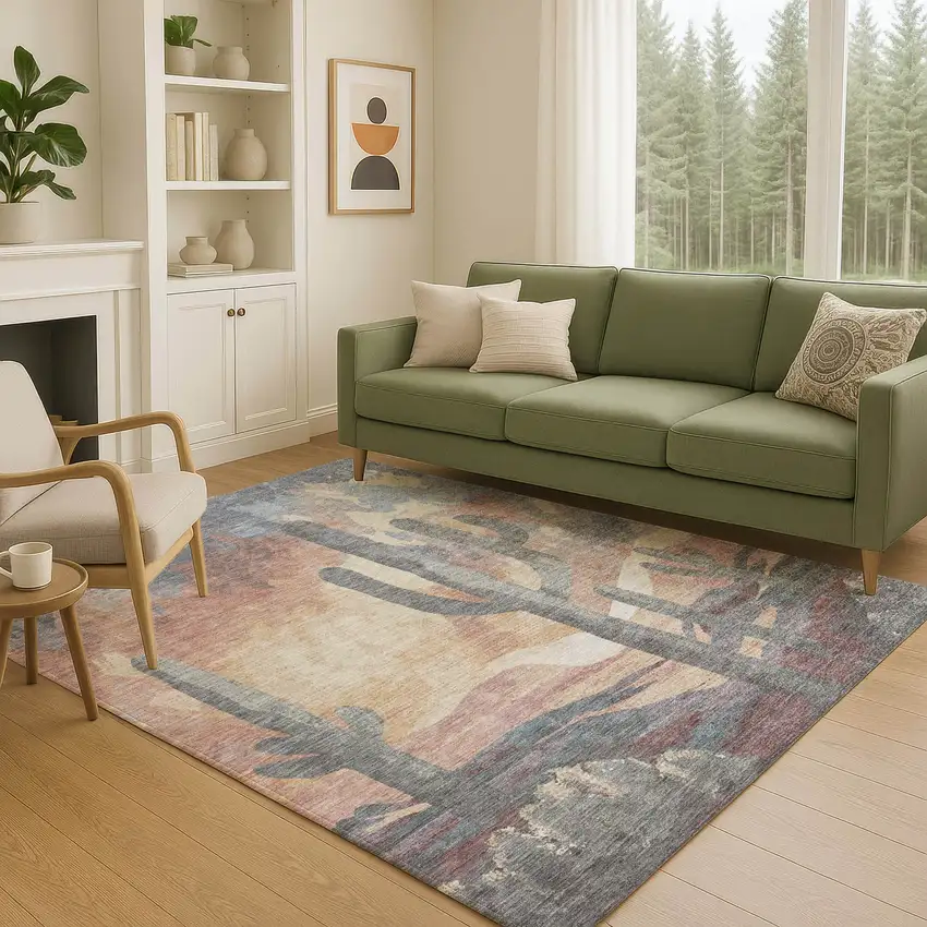 Copper Blue And Wheat Botanical Leaves Washable Indoor Outdoor Area Rug Photo 9