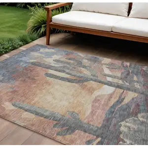 Photo of Copper Blue And Wheat Botanical Leaves Washable Indoor Outdoor Area Rug