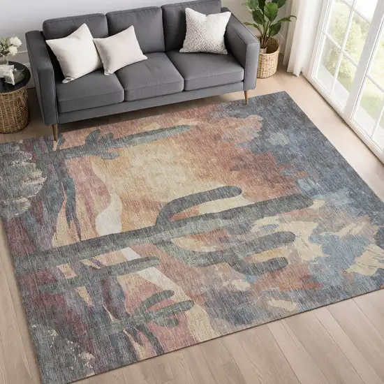 Copper Blue And Wheat Cactus Washable Indoor Outdoor Area Rug Photo 9