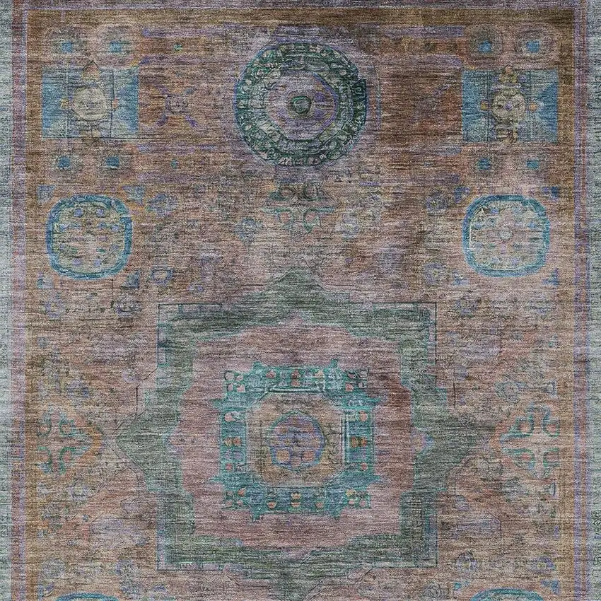 Copper Blush And Teal Blue Oriental Washable Indoor Outdoor Area Rug Photo 3