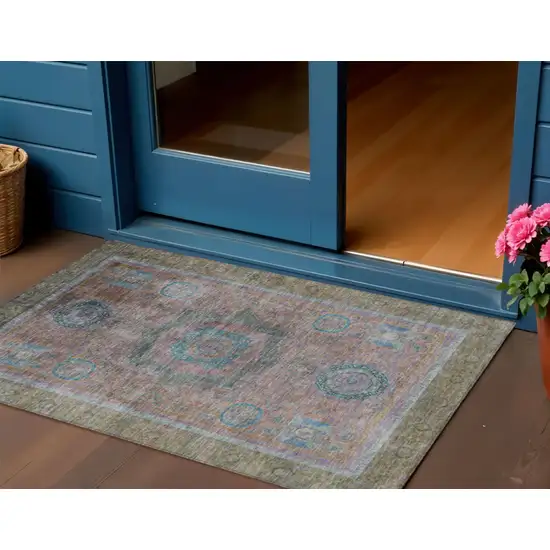 Copper Blush And Teal Blue Oriental Washable Indoor Outdoor Area Rug Photo 2