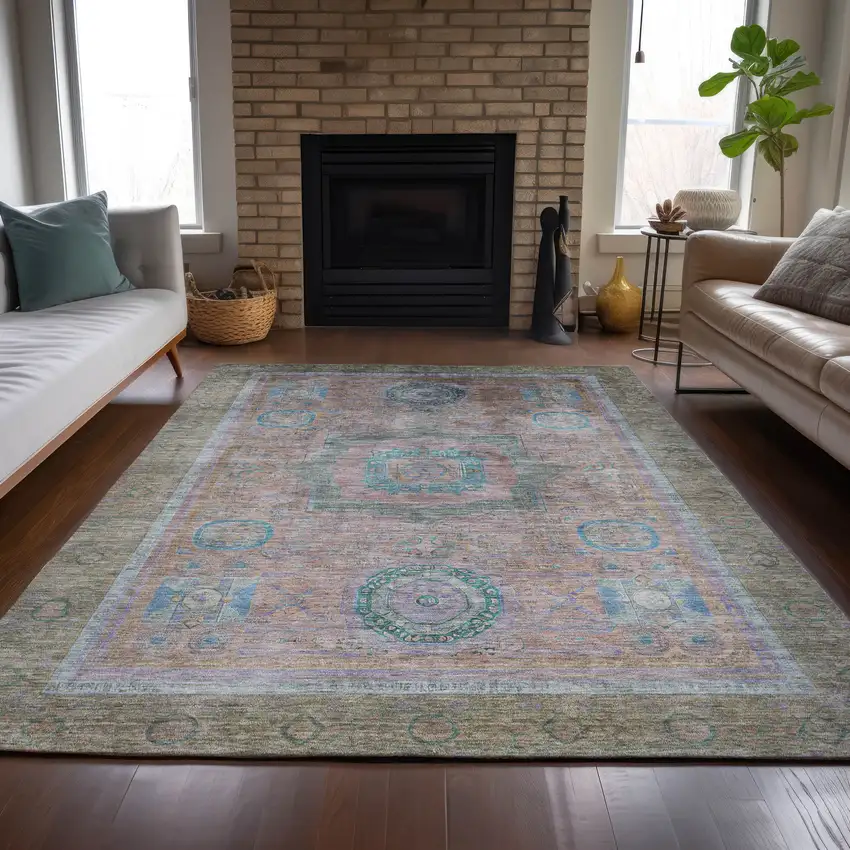Copper Blush And Teal Blue Oriental Washable Indoor Outdoor Area Rug Photo 9
