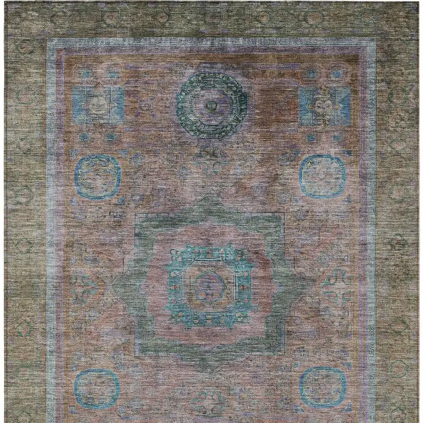 Copper Blush And Teal Blue Oriental Washable Indoor Outdoor Area Rug Photo 6