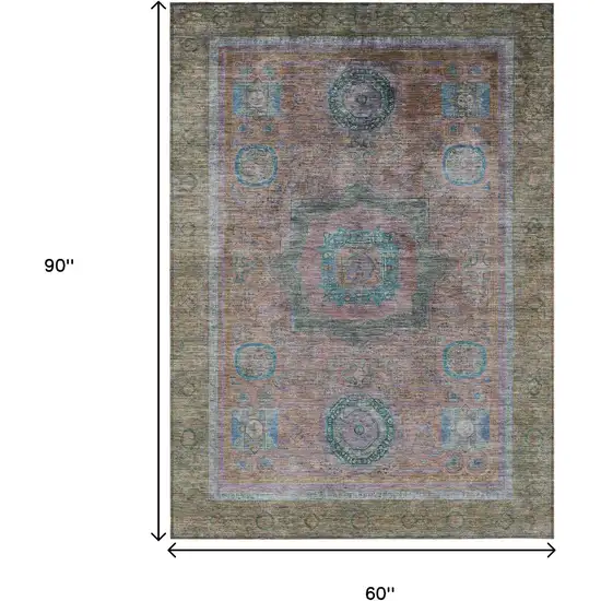 Copper Blush And Teal Blue Oriental Washable Indoor Outdoor Area Rug Photo 9