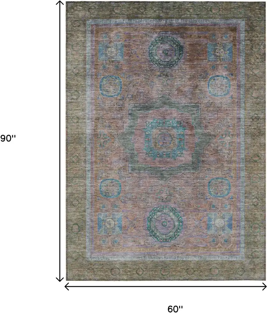 Copper Blush And Teal Blue Oriental Washable Indoor Outdoor Area Rug Photo 9