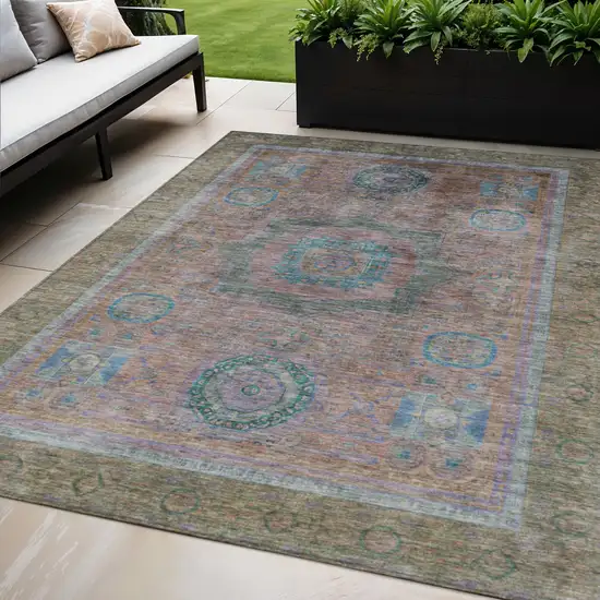Copper Blush And Teal Blue Oriental Washable Indoor Outdoor Area Rug Photo 2