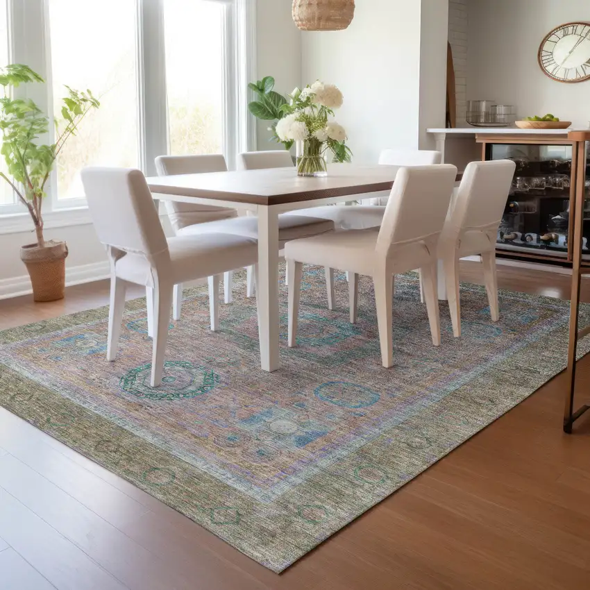 Copper Blush And Teal Blue Oriental Washable Indoor Outdoor Area Rug Photo 6