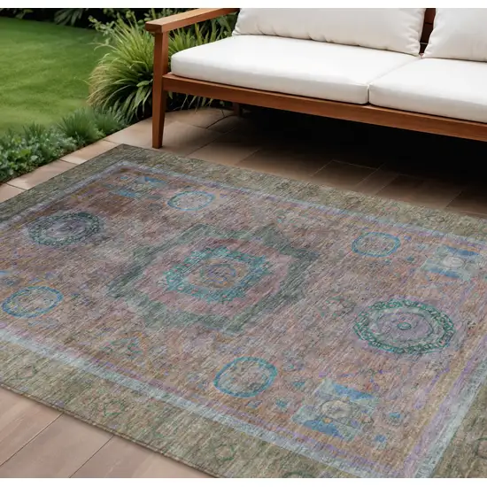 Copper Blush And Teal Blue Oriental Washable Indoor Outdoor Area Rug Photo 2