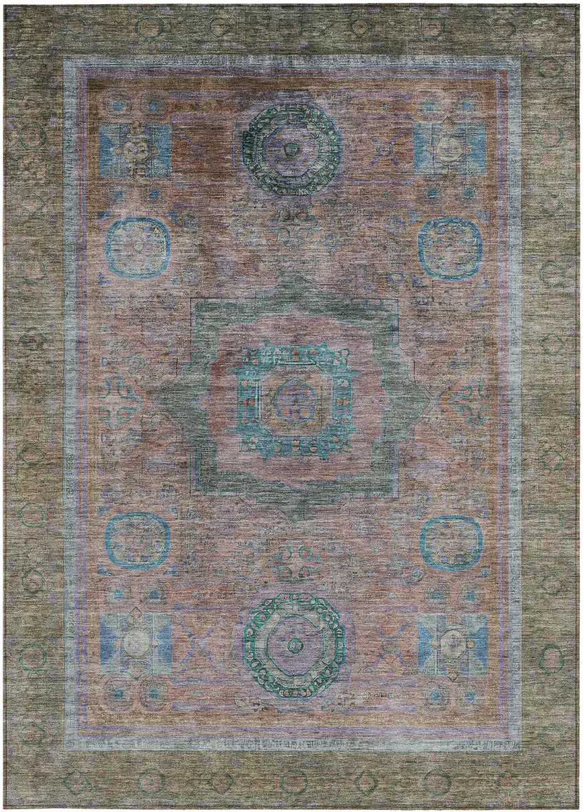 Copper Blush And Teal Blue Oriental Washable Indoor Outdoor Area Rug Photo 3
