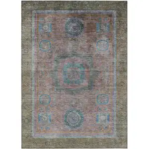 Photo of Copper Blush And Teal Blue Oriental Washable Indoor Outdoor Area Rug