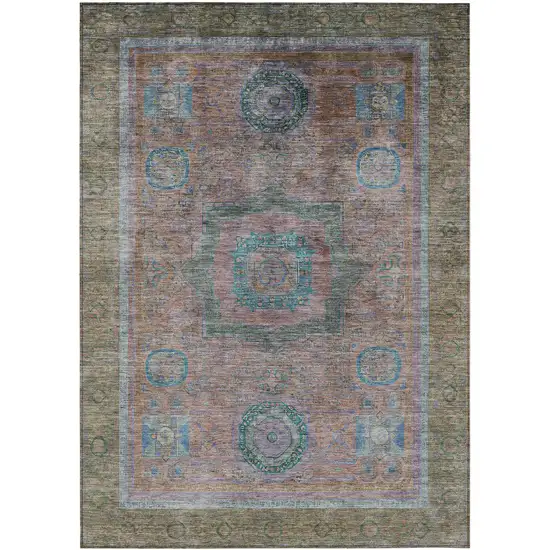 Copper Blush And Teal Blue Oriental Washable Indoor Outdoor Area Rug Photo 1