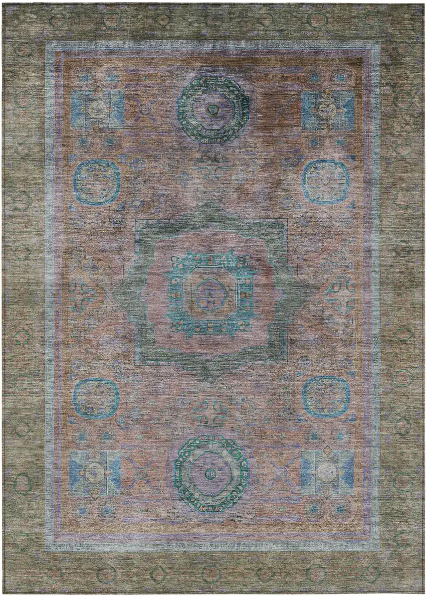 Copper Blush And Teal Blue Oriental Washable Indoor Outdoor Area Rug Photo 1