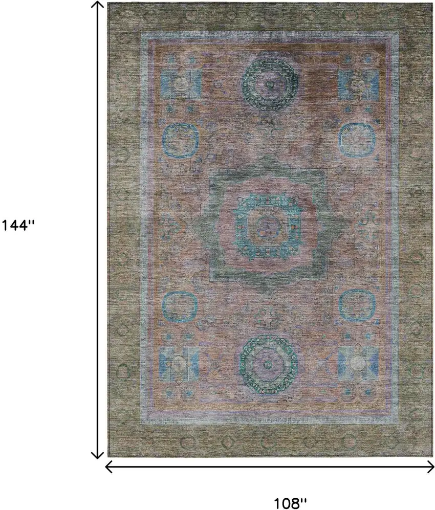 Copper Blush And Teal Blue Oriental Washable Indoor Outdoor Area Rug Photo 9