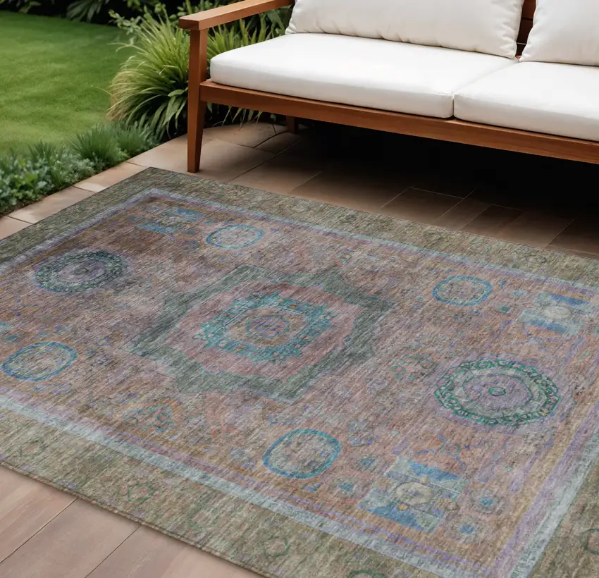 Copper Blush And Teal Blue Oriental Washable Indoor Outdoor Area Rug Photo 2